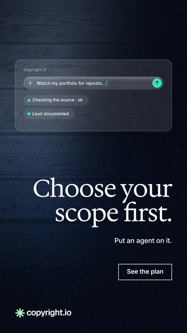 Instagram story for copyright.io: "Choose your scope first." Dark deco style, right layout, dark palette in blue, black, grey.