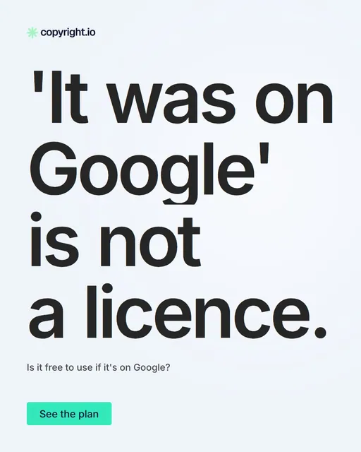 Video for copyright.io: "'It was on Google' is not a licence.". Doc motion loop, 7.0 s, light palette.