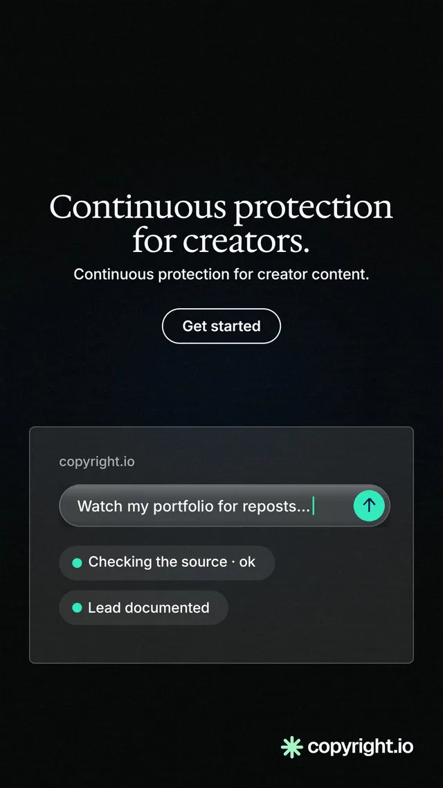 Instagram story for copyright.io: "Continuous protection for creators." Phosphor atlas style, centred layout, dark palette in black.