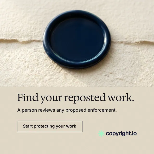 Instagram post for copyright.io: "Find your reposted work." Editorial style, bottom layout, light palette in orange, yellow, grey.