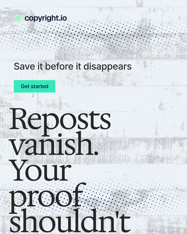 Instagram portrait post for copyright.io: "Reposts vanish. Your proof shouldn't." Swiss style, oversized layout, light palette in blue, white, grey.