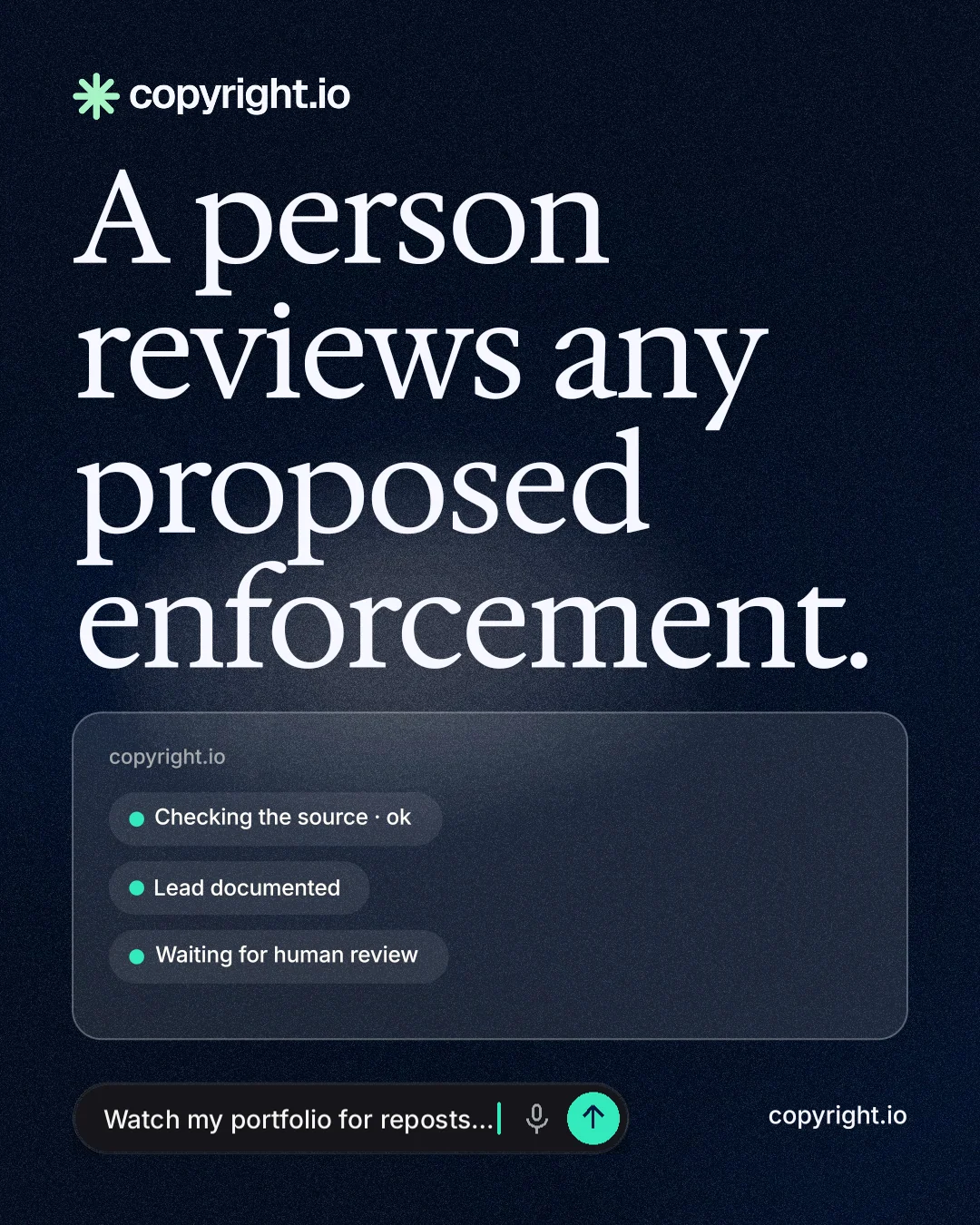 Instagram portrait post for copyright.io: "A person reviews any proposed enforcement." Thermal style, poster layout, dark palette in blue, black, grey.