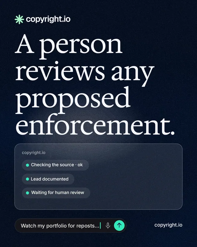 Instagram portrait post for copyright.io: "A person reviews any proposed enforcement." Thermal style, poster layout, dark palette in blue, black, grey.