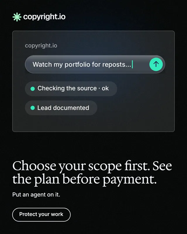 Instagram portrait post for copyright.io: "Choose your scope first. See the plan before payment." Phosphor atlas style, bottom layout, dark palette in black, grey.
