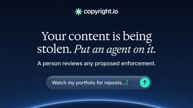 Landscape graphic for copyright.io: "Your content is being stolen. Put an agent on it." Agentic glass style, centred layout, dark palette in blue, black.