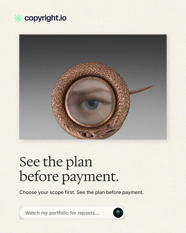 Instagram portrait post for copyright.io: "See the plan before payment." Agentic glass style, bottom layout, light palette in white, grey.