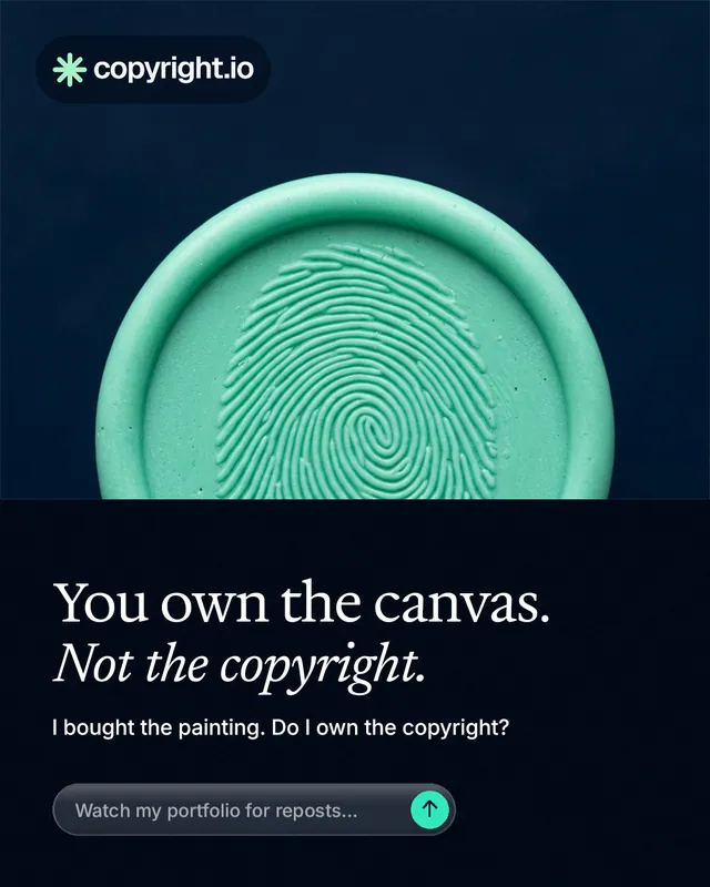 Instagram portrait post for copyright.io: "You own the canvas. Not the copyright." Agentic glass style, bottom layout, dark palette in black, teal, blue.
