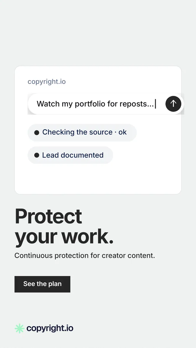 Instagram story for copyright.io: "Protect your work." Swiss style, bottom layout, light palette in white.