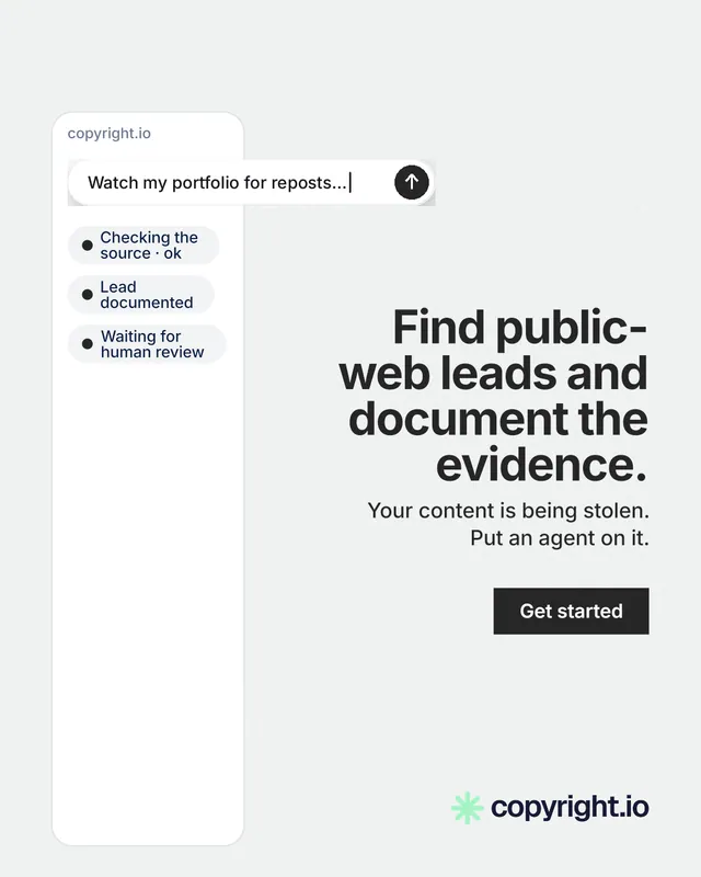 Instagram portrait post for copyright.io: "Find public-web leads and document the evidence." Swiss style, right layout, light palette in white.