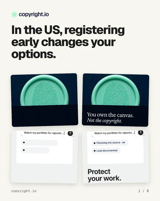 Carousel for copyright.io: "In the US, registering early changes your options.". Collection carousel, 8 slides, light palette.