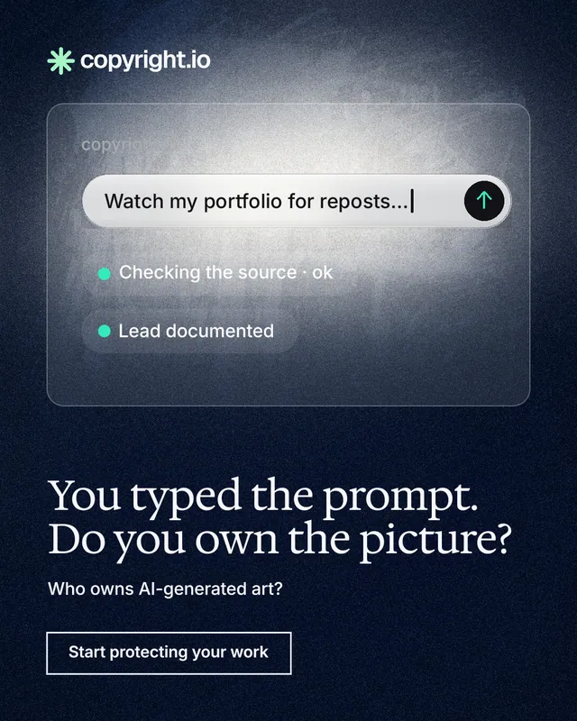 Instagram portrait post for copyright.io: "You typed the prompt. Do you own the picture?" Cyanotype style, bottom layout, dark palette in black, grey, blue.