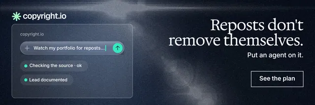 X header for copyright.io: "Reposts don't remove themselves." Dark deco style, right layout, dark palette in black, blue, grey.