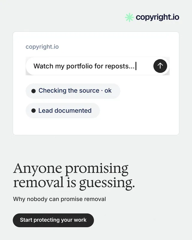 Instagram portrait post for copyright.io: "Anyone promising removal is guessing." Data card style, bottom layout, light palette in white, grey.