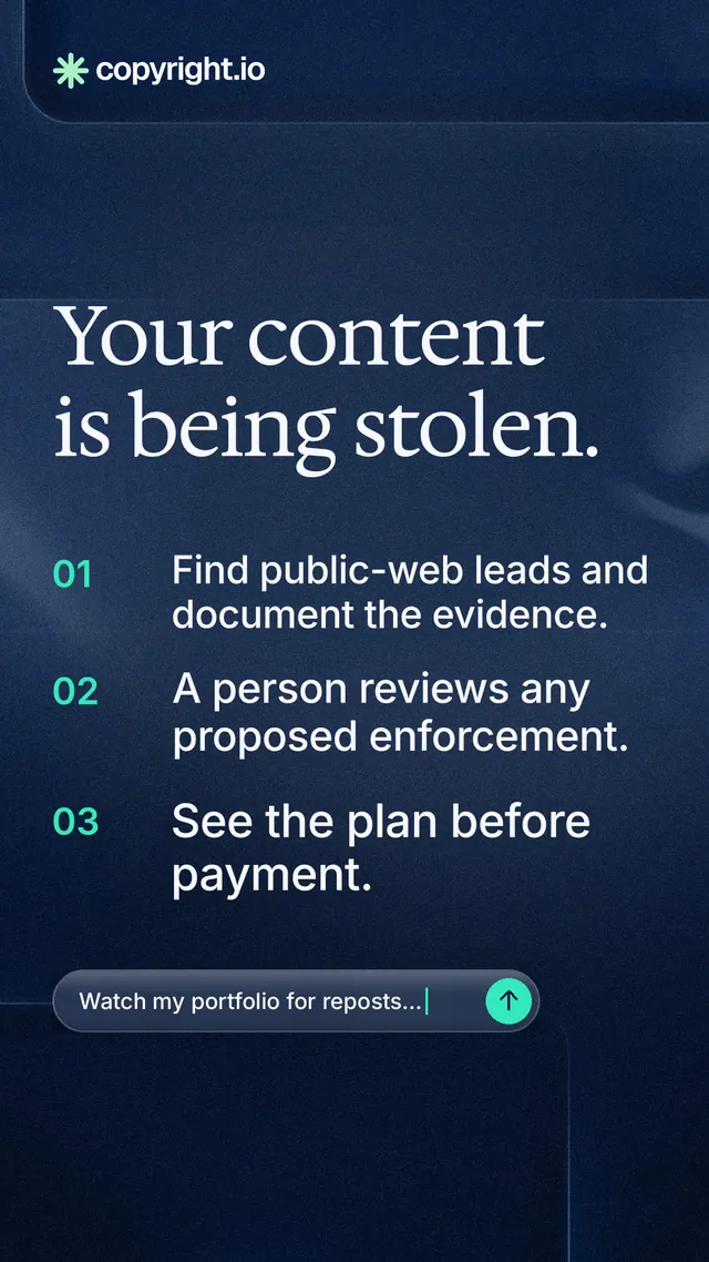 Instagram story for copyright.io: "Your content is being stolen." Agentic glass style, numbered layout, dark palette in blue, black, grey.
