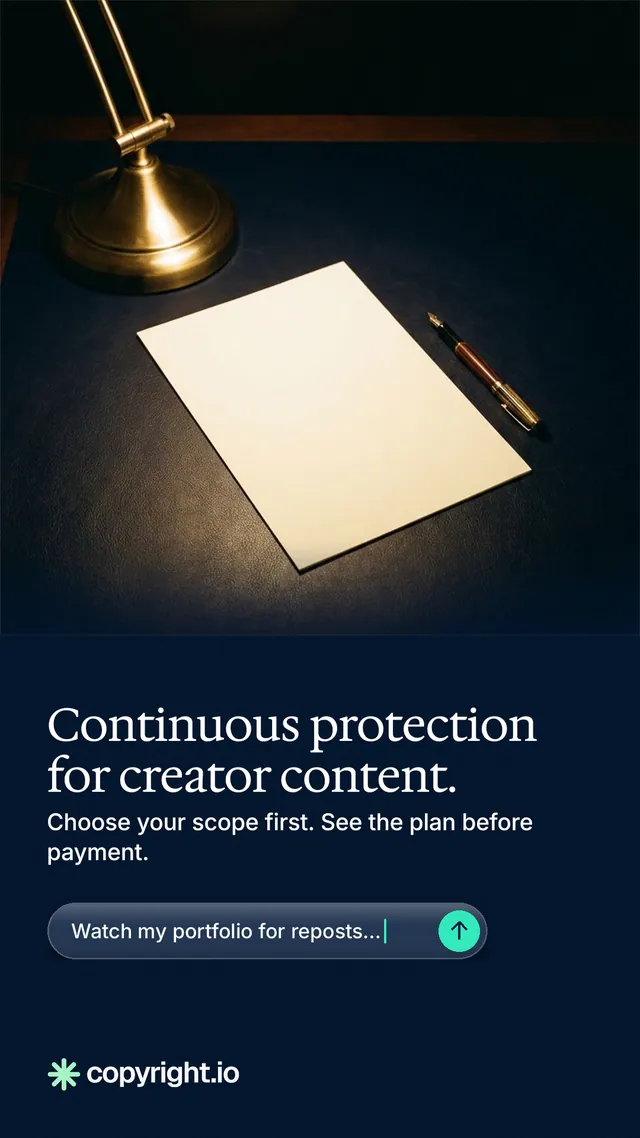 Instagram story for copyright.io: "Continuous protection for creator content." Agentic glass style, bottom layout, dark palette in black, grey.