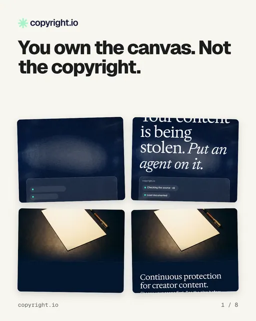 Carousel for copyright.io: "You own the canvas. Not the copyright.". Collection carousel, 8 slides, light palette.
