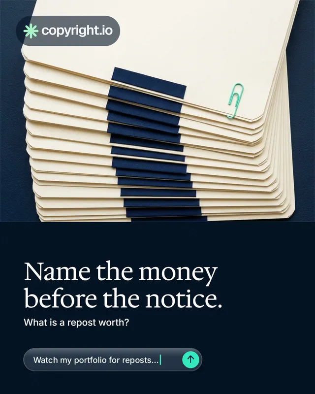 Instagram portrait post for copyright.io: "Name the money before the notice." Agentic glass style, bottom layout, dark palette in yellow, black, blue.