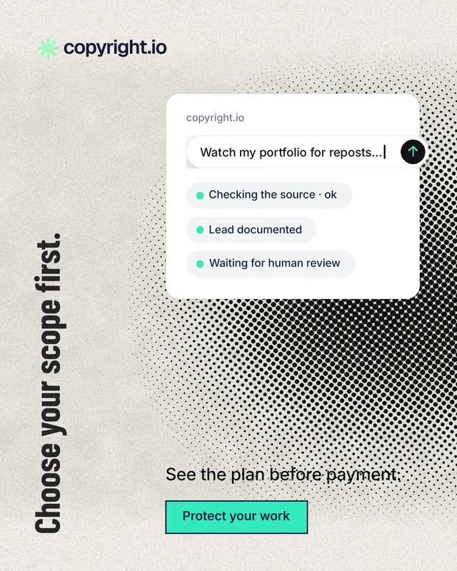 Instagram portrait post for copyright.io: "Choose your scope first." Ink sticker style, vertical layout, light palette in white, yellow, grey.