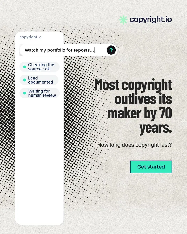 Instagram portrait post for copyright.io: "Most copyright outlives its maker by 70 years." Ink sticker style, right layout, light palette in white, grey.