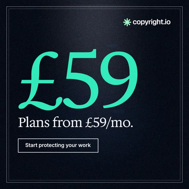 Instagram post for copyright.io: "Continuous protection for creator content." Dark deco style, stat layout, dark palette in black, teal.