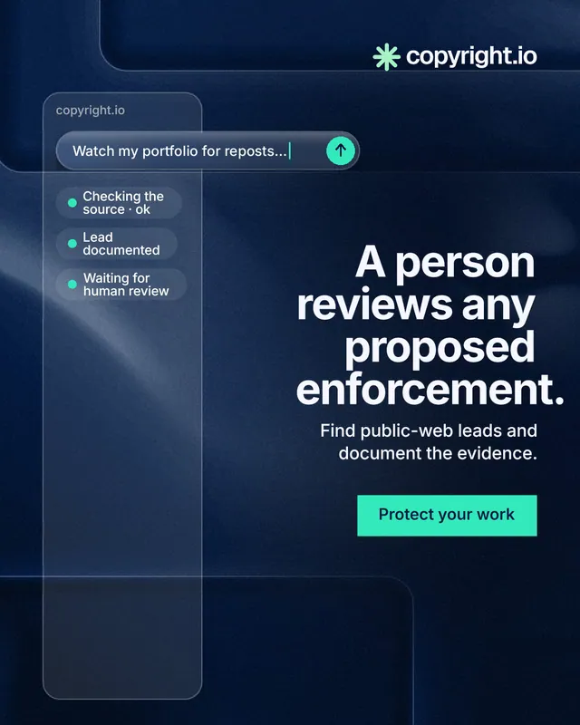 Instagram portrait post for copyright.io: "A person reviews any proposed enforcement." Swiss style, right layout, dark palette in blue, black.