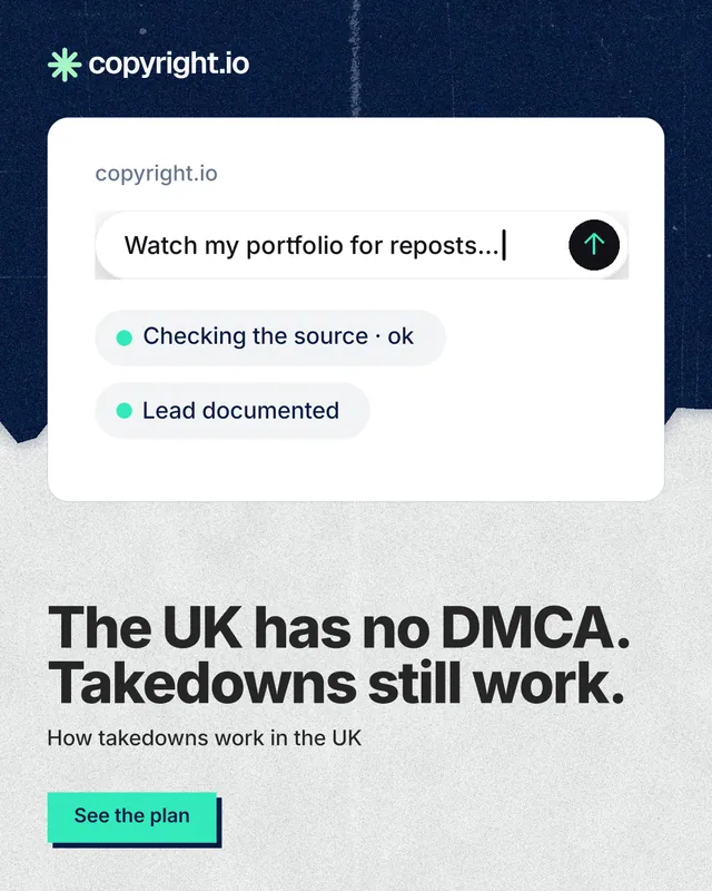 Instagram portrait post for copyright.io: "The UK has no DMCA. Takedowns still work." Paper trio style, bottom layout, light palette in white, blue, grey.
