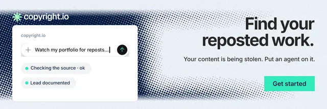 X header for copyright.io: "Find your reposted work." Swiss style, right layout, light palette in white, grey, teal.