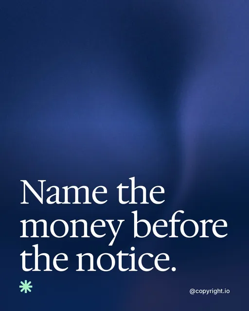 Video for copyright.io: "Name the money before the notice.". Shader loop, 6.0 s, dark palette.