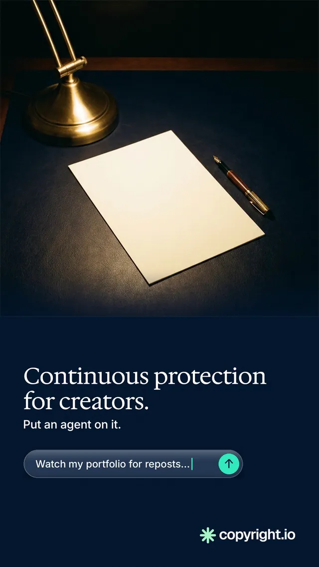Instagram story for copyright.io: "Continuous protection for creators." Agentic glass style, bottom layout, dark palette in black, grey.