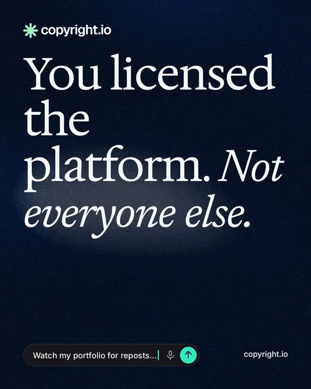 Instagram portrait post for copyright.io: "You licensed the platform. Not everyone else." Thermal style, poster layout, dark palette in black, blue, grey.
