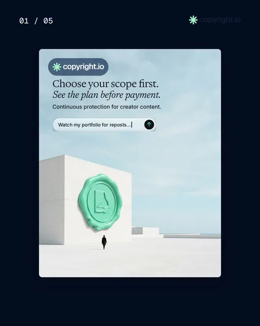 Video for copyright.io. Ad flipbook, 7.5 s, dark palette.