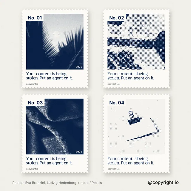 Instagram post for copyright.io: "Your content is being stolen. Put an agent on it." Sheet style, technique:stamp series layout, light palette in white, blue.