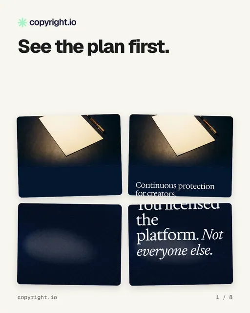Carousel for copyright.io: "See the plan first.". Collection carousel, 8 slides, light palette.
