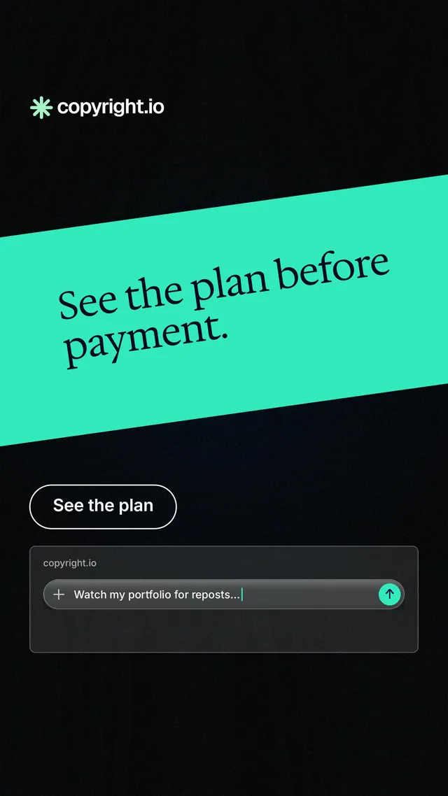 Instagram story for copyright.io: "See the plan before payment." Phosphor atlas style, diagonal layout, dark palette in black, teal.