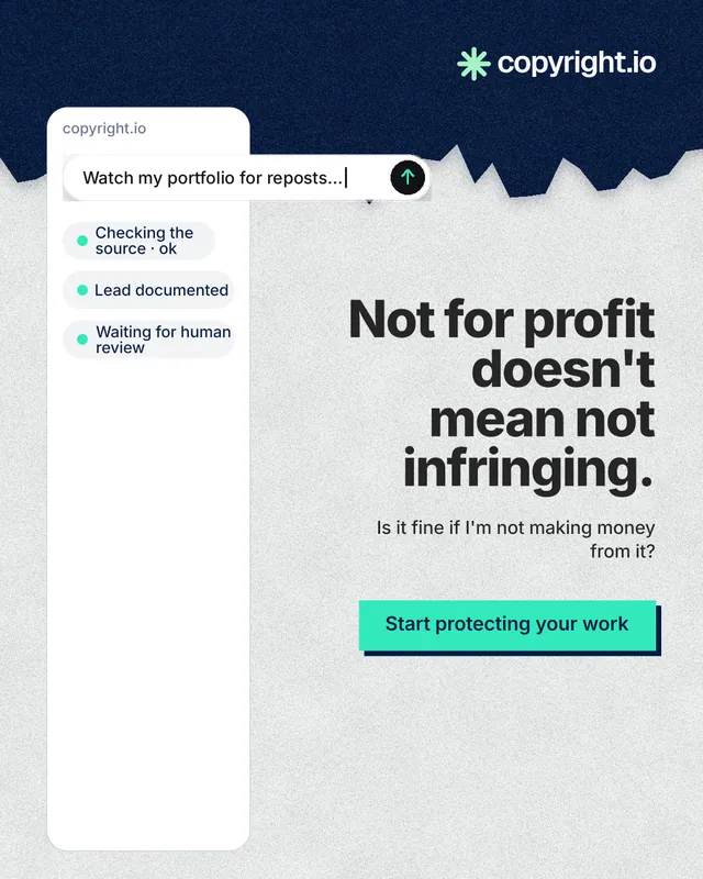 Instagram portrait post for copyright.io: "Not for profit doesn't mean not infringing." Paper trio style, right layout, light palette in white, blue.