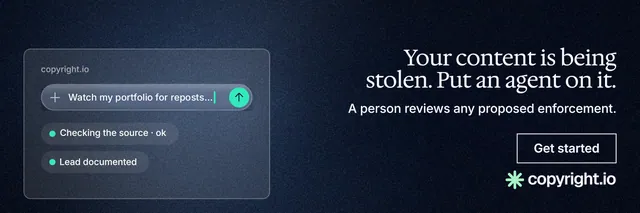 X header for copyright.io: "Your content is being stolen. Put an agent on it." Dark deco style, right layout, dark palette in blue, grey, black.