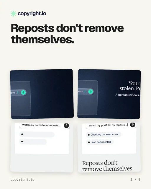 Carousel for copyright.io: "Reposts don't remove themselves.". Collection carousel, 8 slides, light palette.