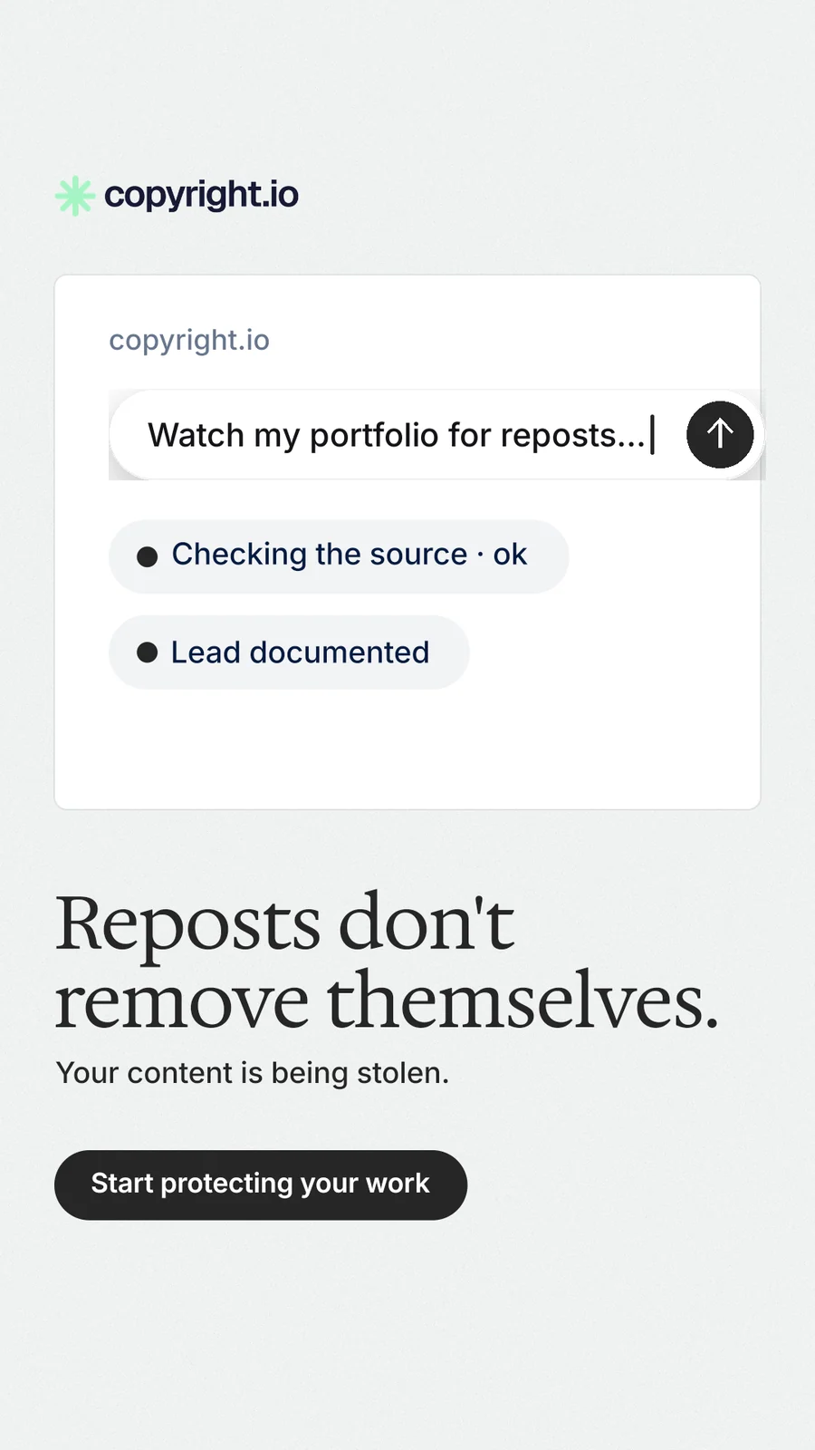 Instagram story for copyright.io: "Reposts don't remove themselves." Data card style, bottom layout, light palette in white.