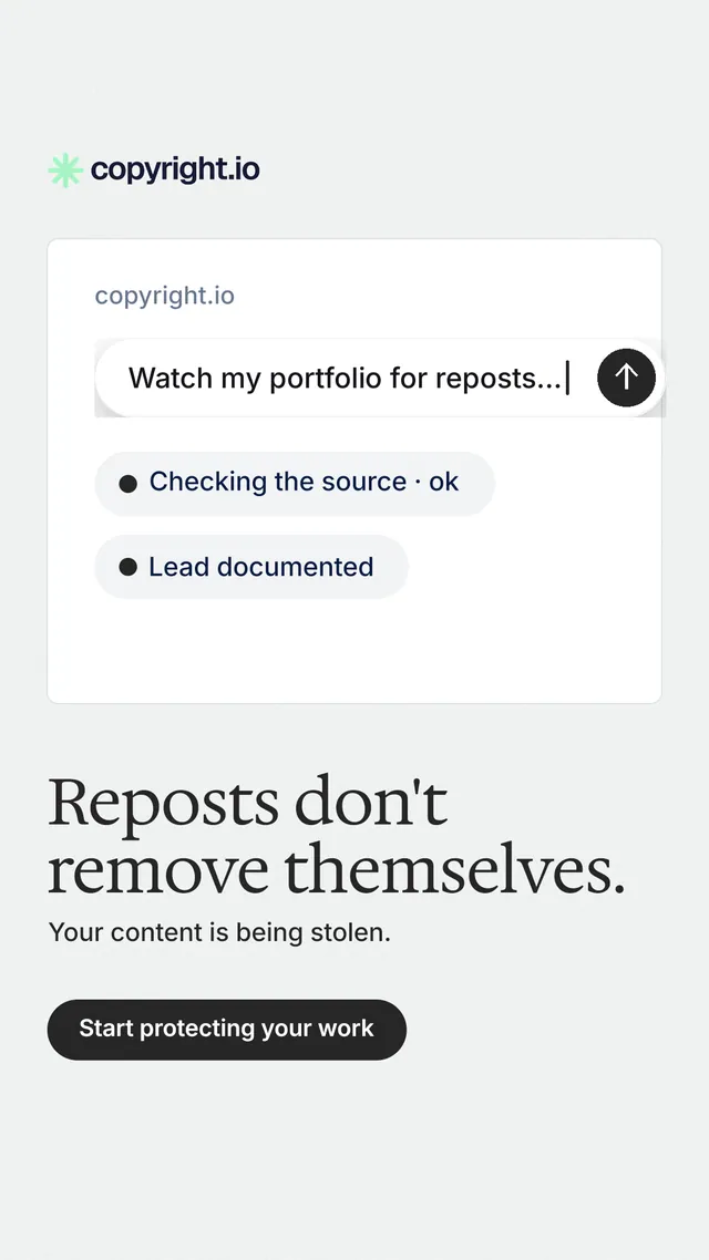 Instagram story for copyright.io: "Reposts don't remove themselves." Data card style, bottom layout, light palette in white.