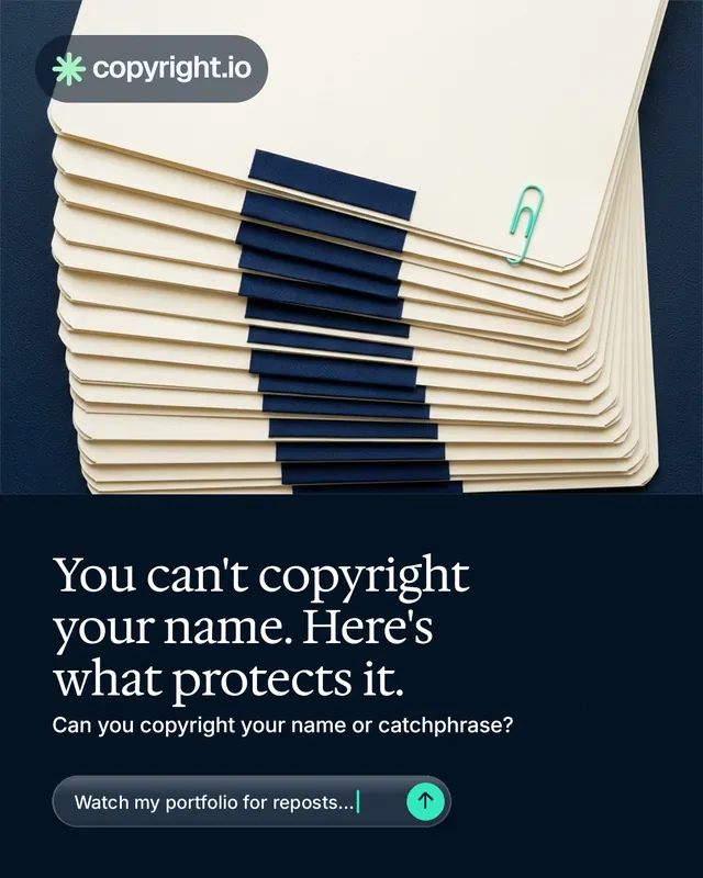 Instagram portrait post for copyright.io: "You can't copyright your name. Here's what protects it." Agentic glass style, bottom layout, dark palette in yellow, black, blue.