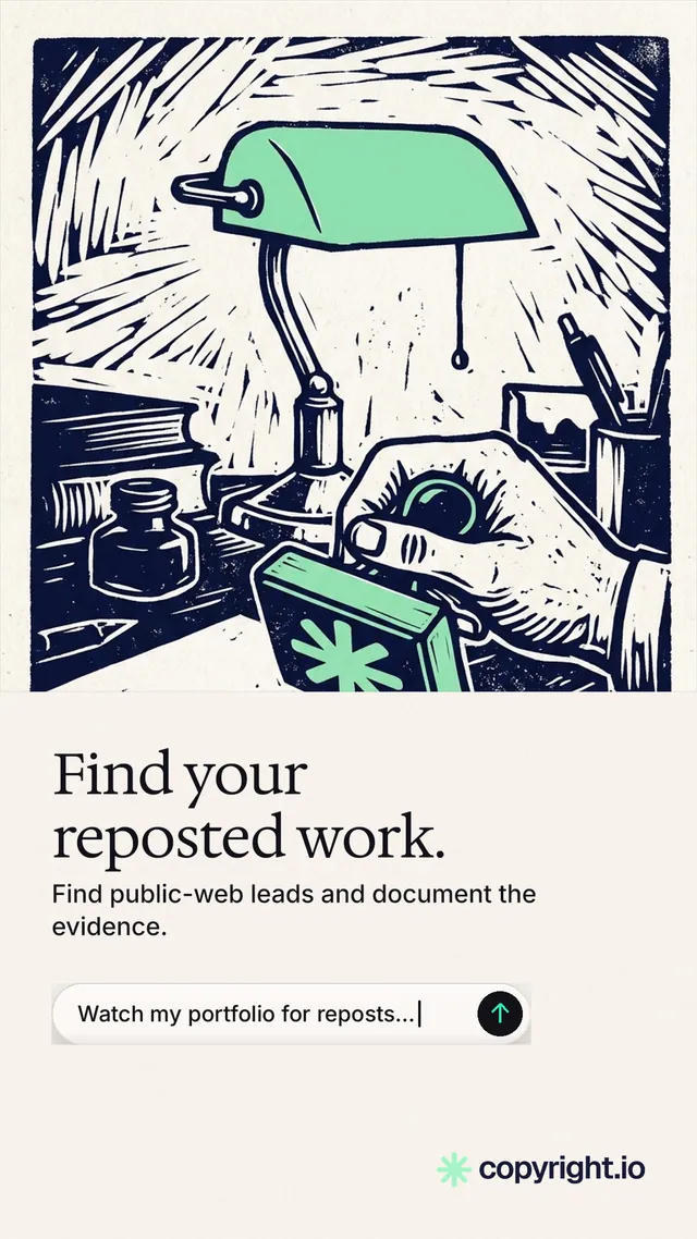 Instagram story for copyright.io: "Find your reposted work." Agentic glass style, bottom layout, light palette in white, grey.
