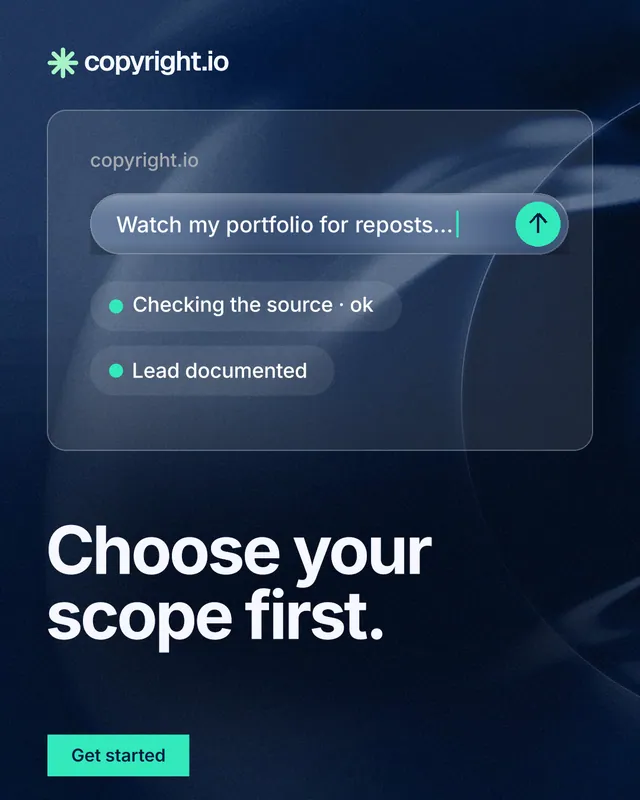 Instagram portrait post for copyright.io: "Choose your scope first." Swiss style, bottom layout, dark palette in blue, black.