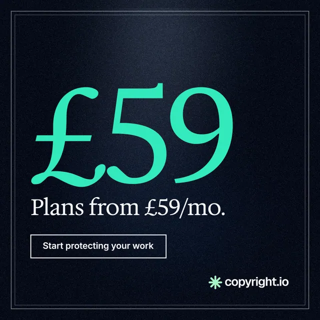Instagram post for copyright.io: "Protect your work." Dark deco style, stat layout, dark palette in black, teal.