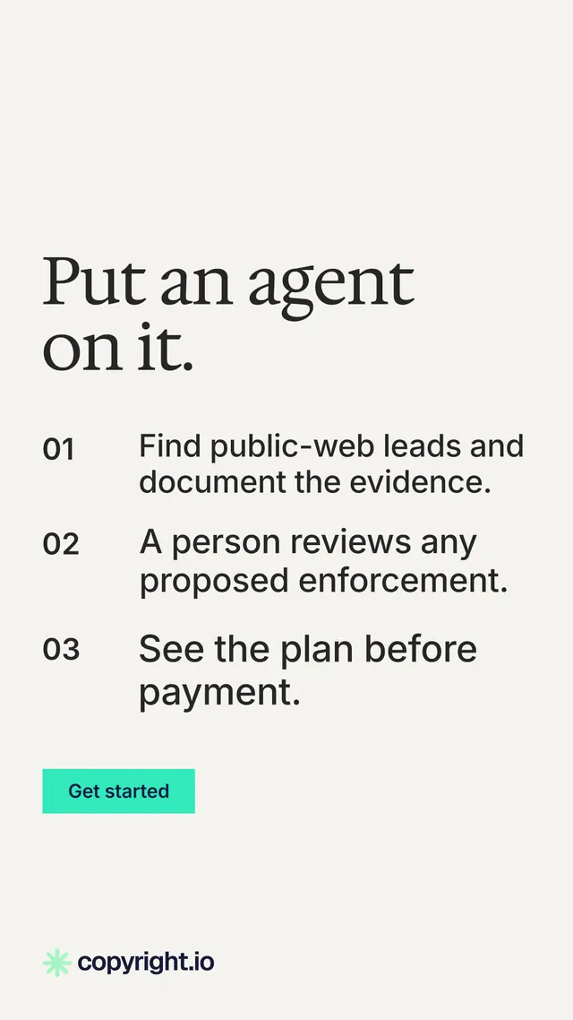 Instagram story for copyright.io: "Put an agent on it." Swiss style, numbered layout, light palette in white, grey, green.