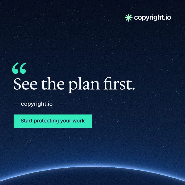 Instagram post for copyright.io: "See the plan first." Swiss style, quote layout, dark palette in black, blue.
