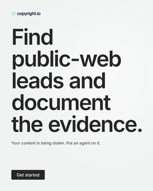 Video for copyright.io: "Find public-web leads and document the evidence.". Doc motion loop, 7.0 s, light palette.