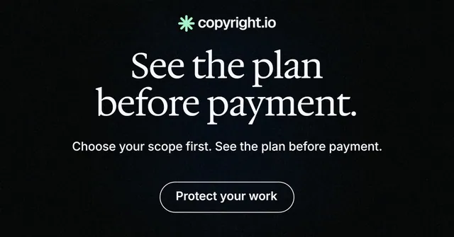 Social ad for copyright.io: "See the plan before payment." Phosphor atlas style, centred layout, dark palette in black.