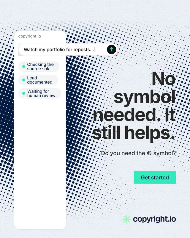 Instagram portrait post for copyright.io: "No symbol needed. It still helps." Swiss style, right layout, light palette in white, blue, grey.