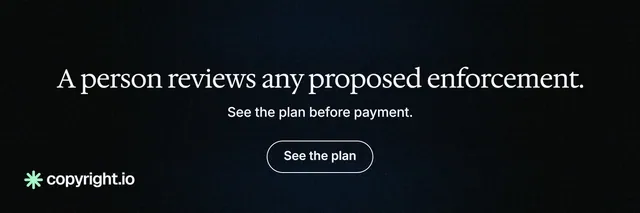 X header for copyright.io: "A person reviews any proposed enforcement." Phosphor atlas style, centred layout, dark palette in black, blue.