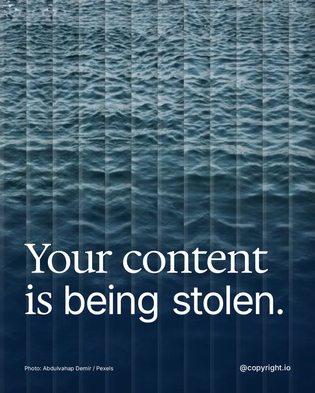 Instagram portrait post for copyright.io: "Your content is being stolen." Photo style, technique:fluted glass layout, dark palette in blue, grey.